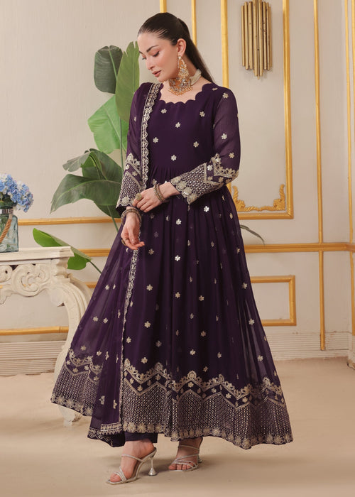 Abaan Zohan Women RTW Embroidered Chiffon 3 Piece Suit Dhanak Purple - Festive Collection