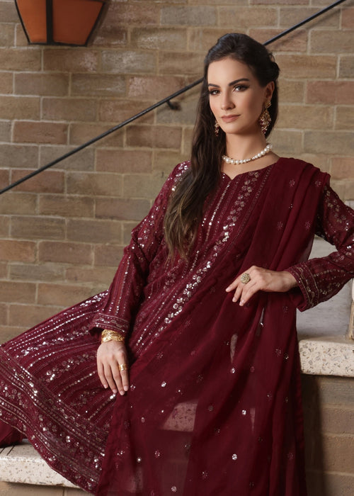 Abaan Zohan Women RTW Embroidered Chiffon 3 Piece Suit Chandni Maroon - Festive Collection