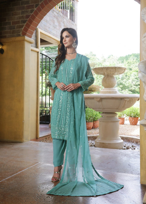 Abaan Zohan Women RTW Embroidered Chiffon 3 Piece Suit Chandni Light Cyan - Festive Collection