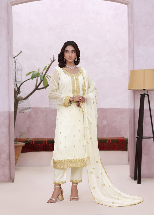 Abaan Zohan Women RTW Embroidered Chiffon 3 Piece Suit Ada Off White - Festive Collection