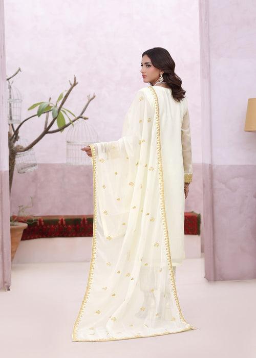 Abaan Zohan Women RTW Embroidered Chiffon 3 Piece Suit Ada Off White - Festive Collection