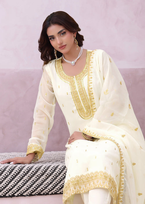 Abaan Zohan Women RTW Embroidered Chiffon 3 Piece Suit Ada Off White - Festive Collection