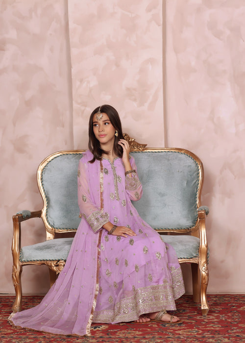 Mommy and Me by Abaan Zohan RTW Embroidered Chiffon 3 Piece Suit Raunak Kids Light Lilac - Festive Collection