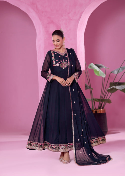 Abaan Zohan Women RTW Embroidered Chiffon 3 Piece Suit Zeenat Blue - Festive Collection
