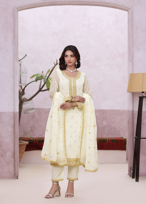 Abaan Zohan Women RTW Embroidered Chiffon 3 Piece Suit Ada Off White - Festive Collection