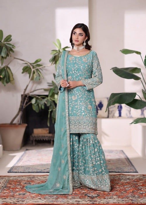 Rang e Haseen by Abaan Zohan RTW Embroidered chiffon 3 Piece Suit Riwaj Aqua - Festive Collection