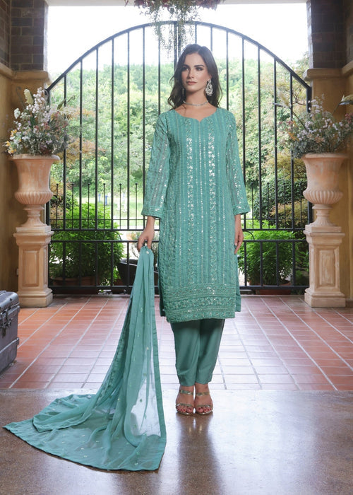 Abaan Zohan Women RTW Embroidered Chiffon 3 Piece Suit Chandni Light Cyan - Festive Collection