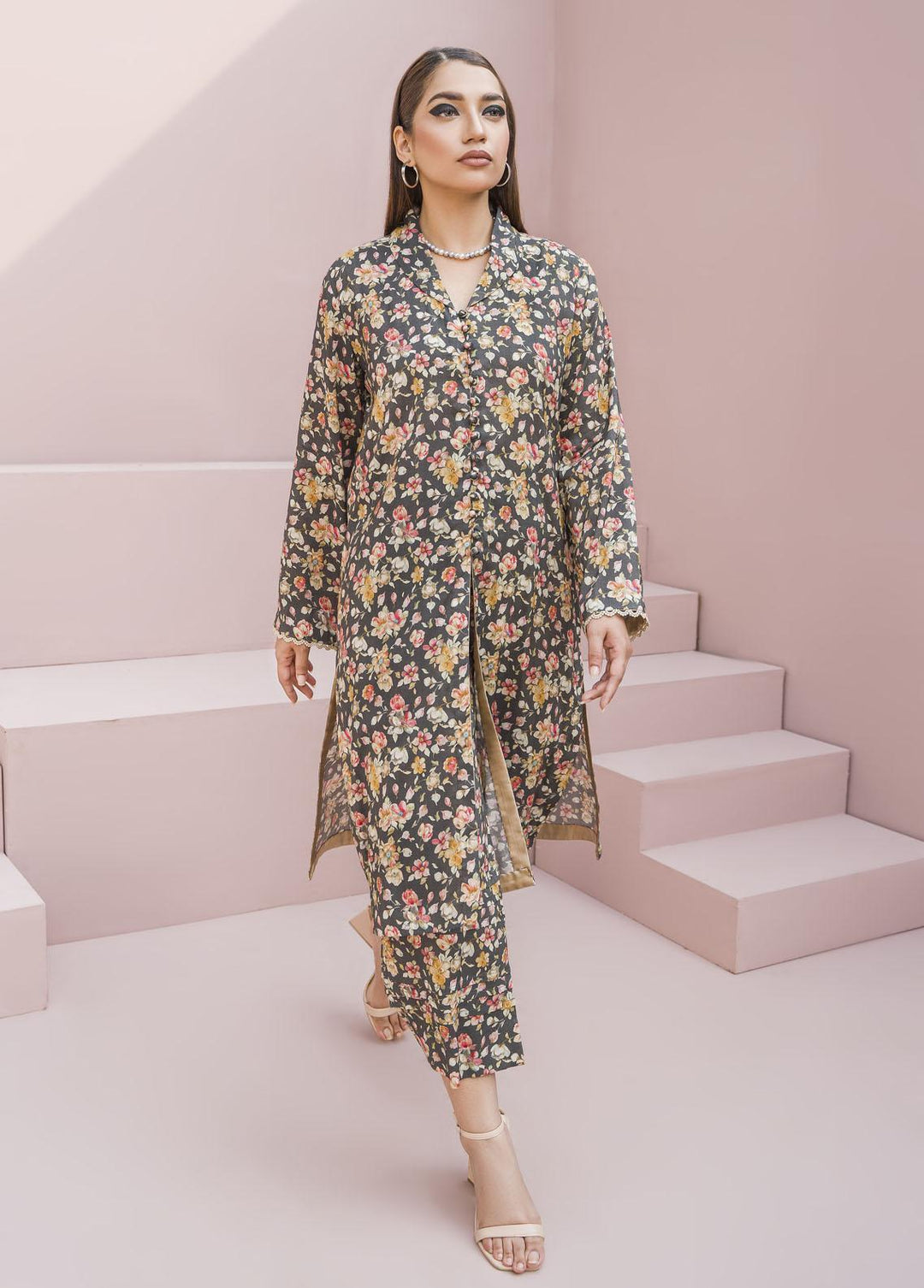 Meerak Pret Printed Raw Silk 2 Piece Suit Lilies