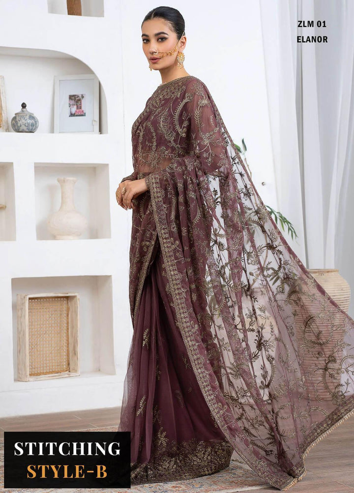 Meeral By Zarif Embroidered Net Suits Unstitched 3 Piece ZF23MR ZLM 01 Elanor - Luxury Formal Collection