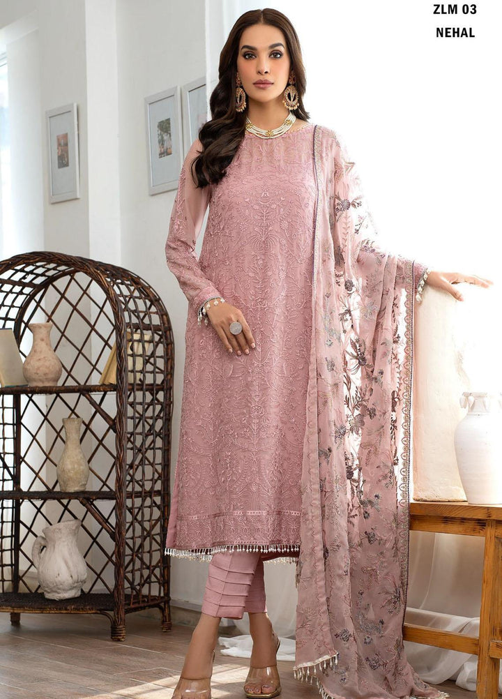 Meeral By Zarif Embroidered Chiffon Suits Unstitched 3 Piece ZF23MR ZLM 03 Nehal - Luxury Formal Collection