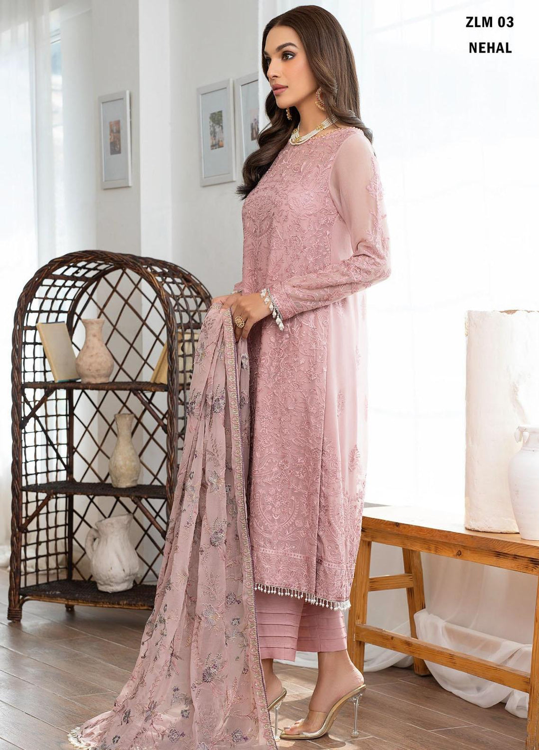 Meeral By Zarif Embroidered Chiffon Suits Unstitched 3 Piece ZF23MR ZLM 03 Nehal - Luxury Formal Collection
