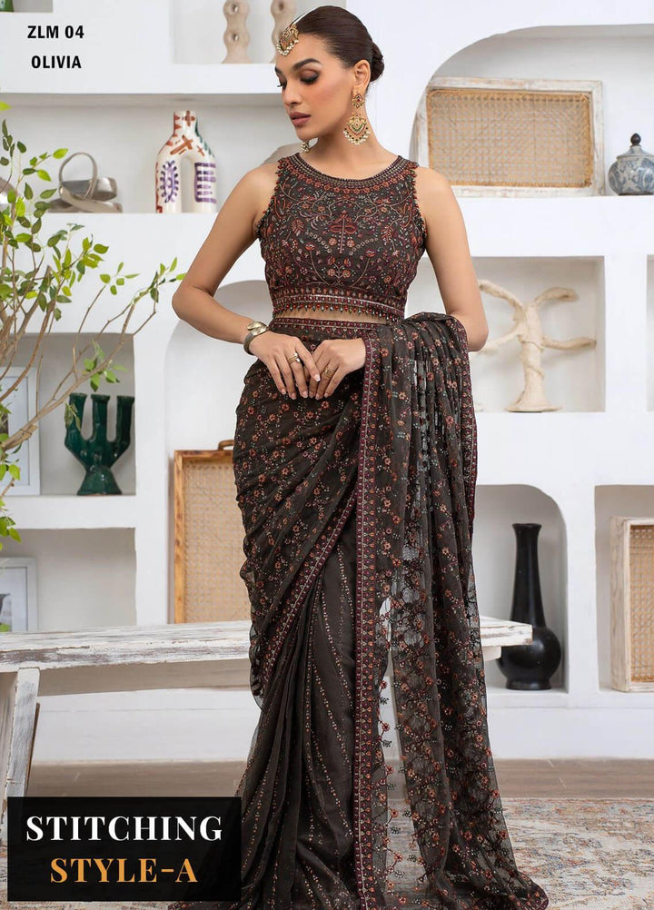 Meeral By Zarif Embroidered Net Suits Unstitched 3 Piece ZF23MR ZLM 04 Olivia - Luxury Formal Collection