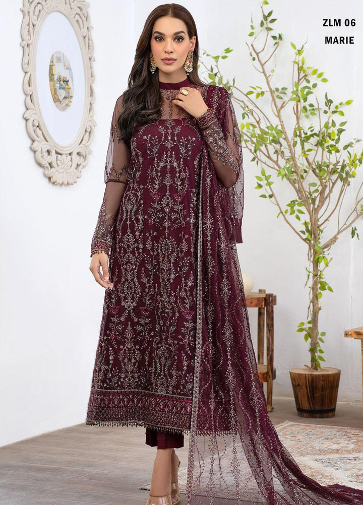 Meeral By Zarif Embroidered Net Suits Unstitched 3 Piece ZF23MR ZLM 06 Marie - Luxury Formal Collection