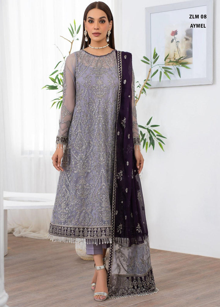 Meeral By Zarif Embroidered Net Suits Unstitched 3 Piece ZF23MR ZLM 08 Aymel - Luxury Formal Collection