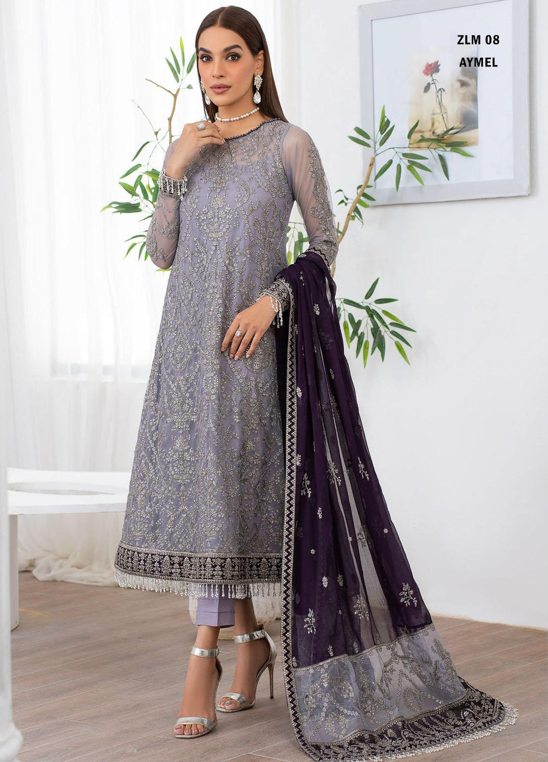 Meeral By Zarif Embroidered Net Suits Unstitched 3 Piece ZF23MR ZLM 08 Aymel - Luxury Formal Collection