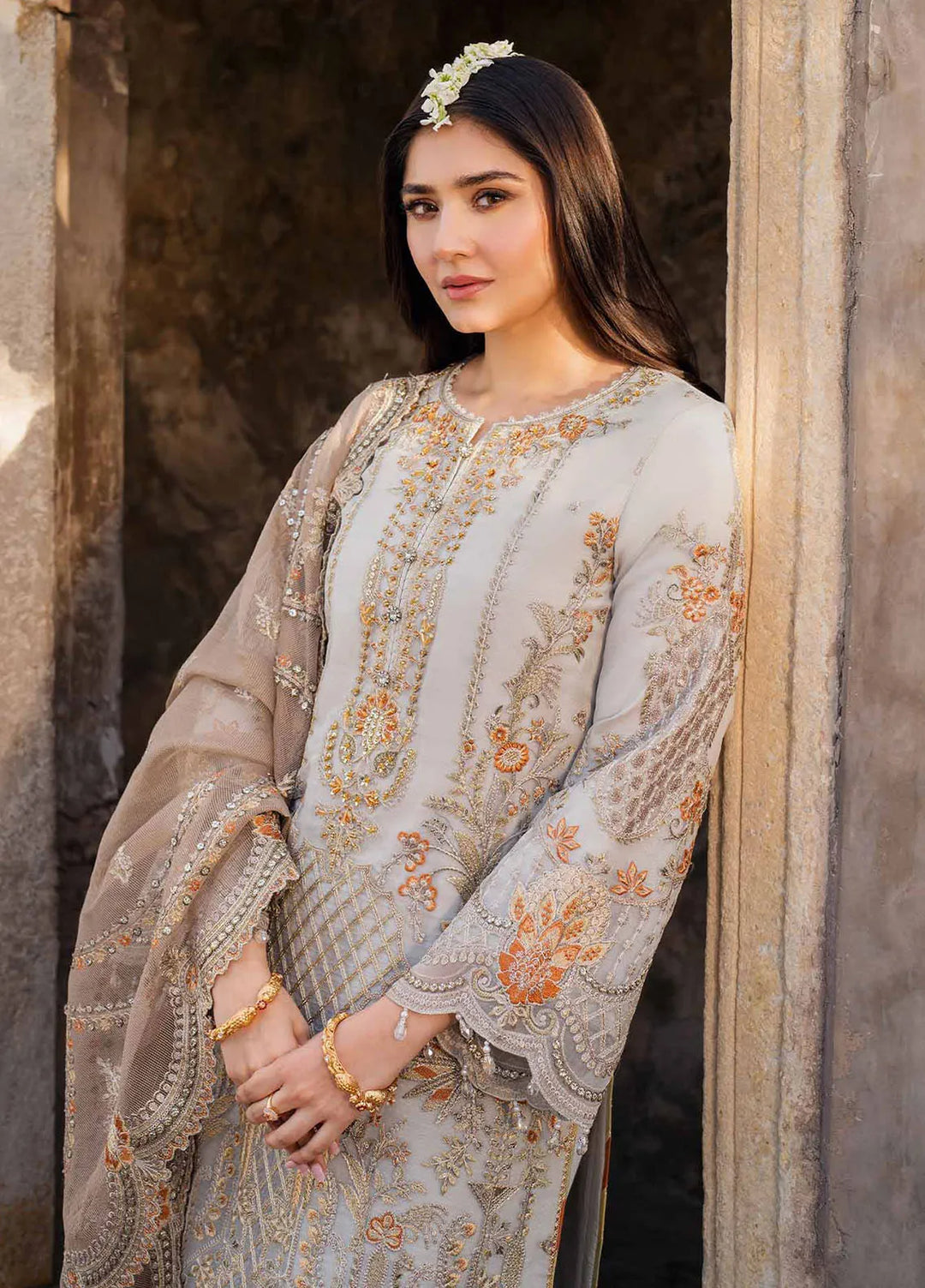 Meeras by Imrozia Serene Embroidered Organza Suit Unstitched 3 Piece IM25ME I-224 Mushk - Luxury Collection