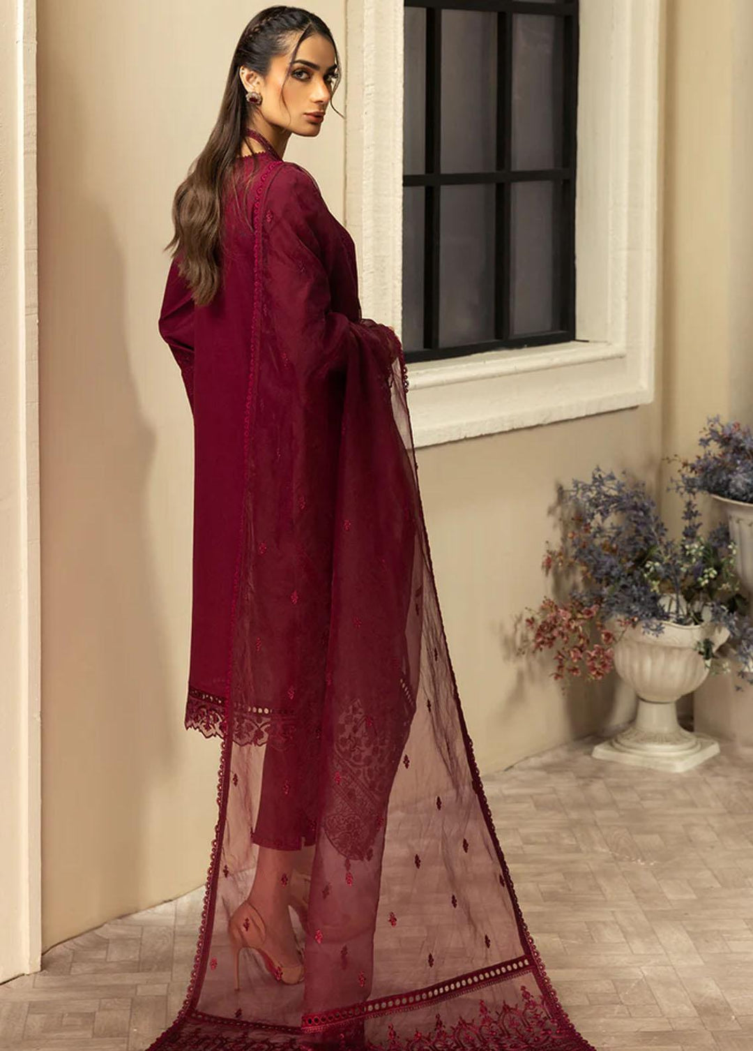 Meher-un-Nissa By Elegance Embroidered Lawn Suits Unstitched 3 Piece ELG233M MN-83 Scarlet - Luxury Collection