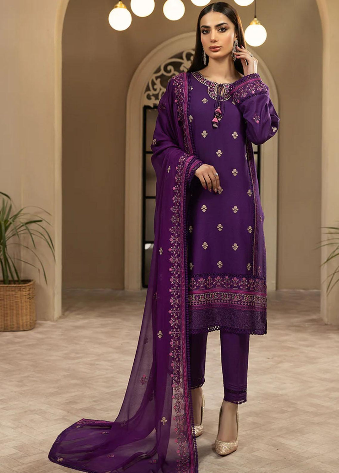 Meher-un-Nissa By Elegance Embroidered Lawn Suits Unstitched 3 Piece ELG233M MN-84 Viola - Luxury Collection