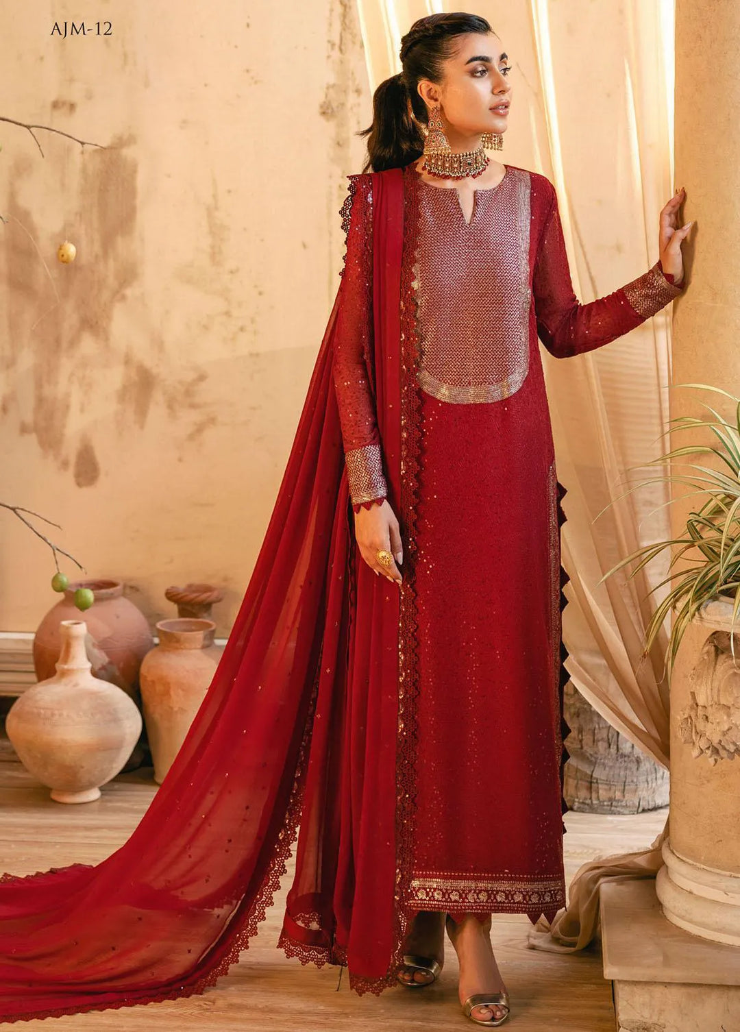 Mehr-o-Maah by Asim Jofa Embroidered Unstitched Suit 3 Piece AJ23MM AJM-12 - Luxury Festive Collection