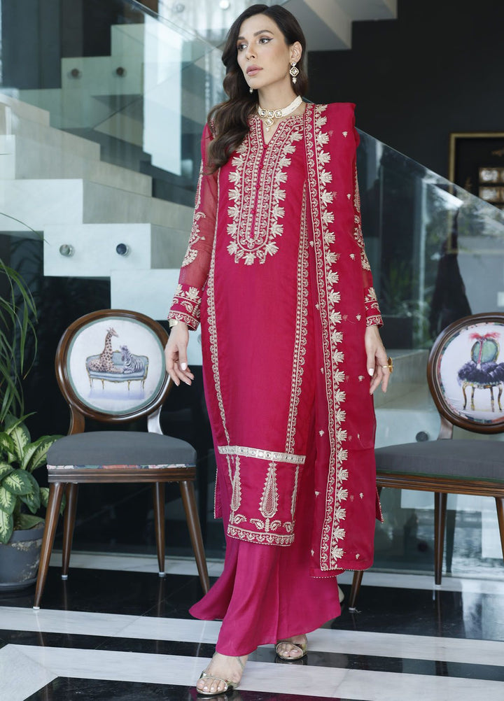 Merakish By Shahzeb Textile Embroidered Net Suit Unstitched 3 Piece MT24ME Magenta - Luxury Eid Collection