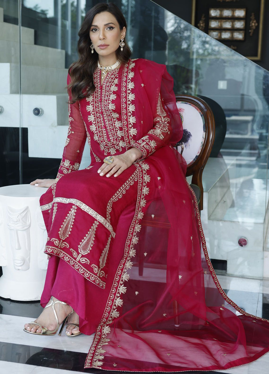 Merakish By Shahzeb Textile Embroidered Net Suit Unstitched 3 Piece MT24ME Magenta - Luxury Eid Collection