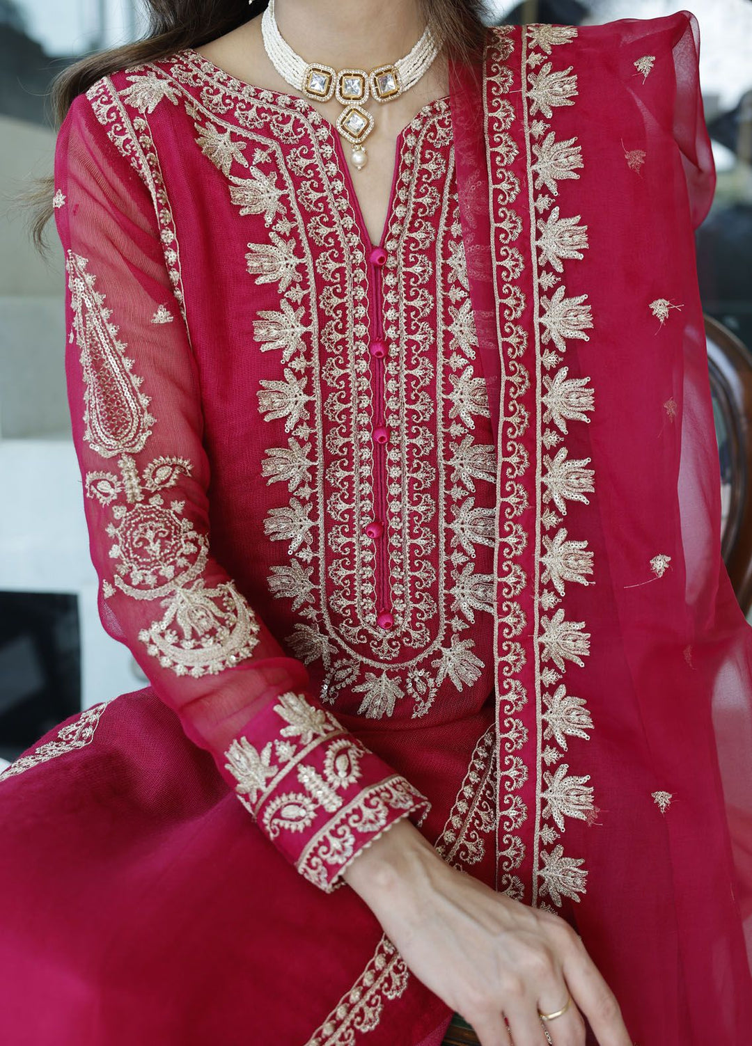 Merakish By Shahzeb Textile Embroidered Net Suit Unstitched 3 Piece MT24ME Magenta - Luxury Eid Collection