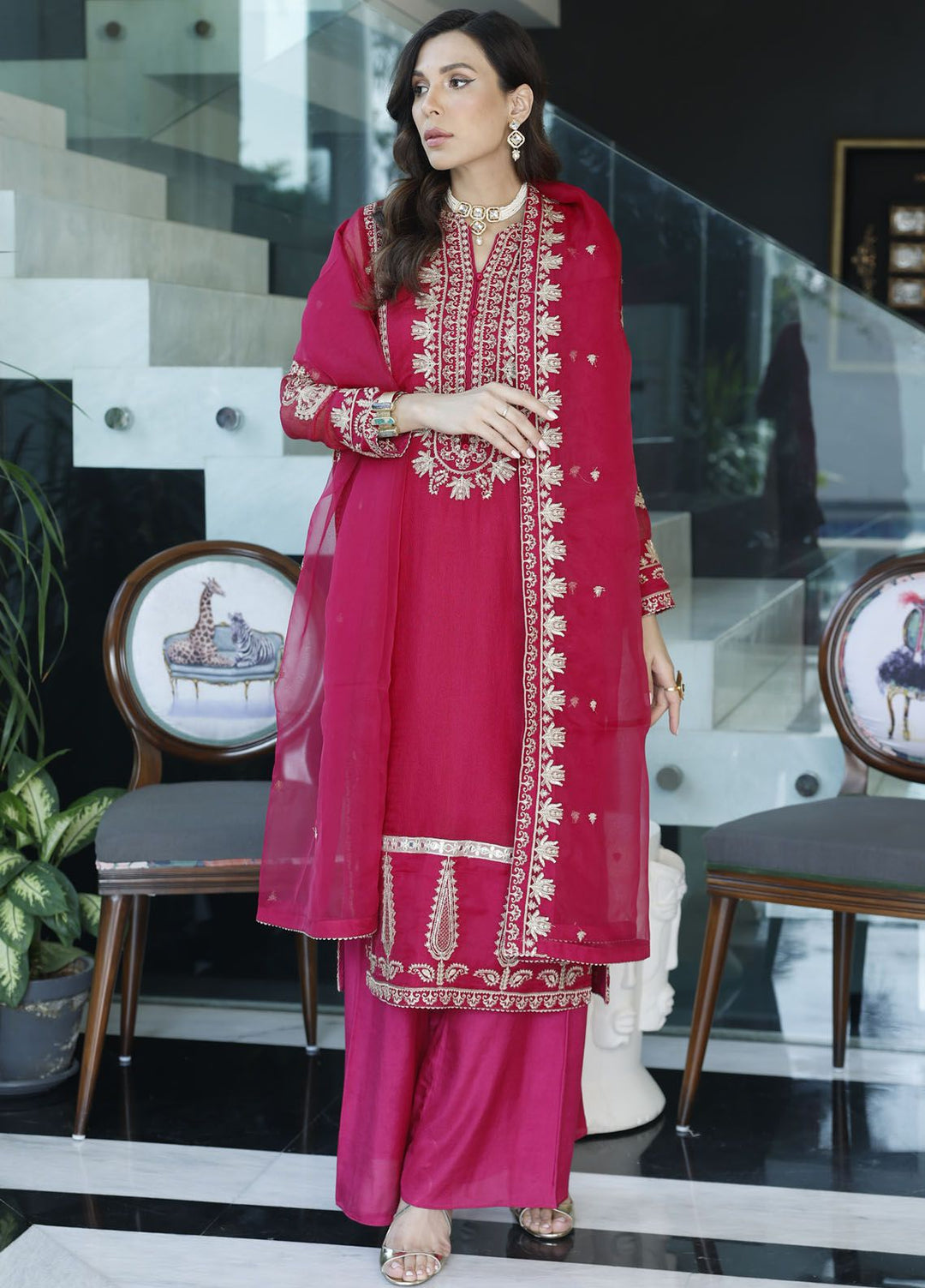 Merakish By Shahzeb Textile Embroidered Net Suit Unstitched 3 Piece MT24ME Magenta - Luxury Eid Collection