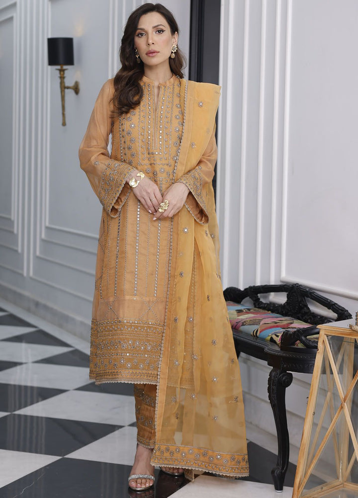 Merakish By Shahzeb Textile Embroidered Net Suit Unstitched 3 Piece MT24ME Marigold - Luxury Eid Collection