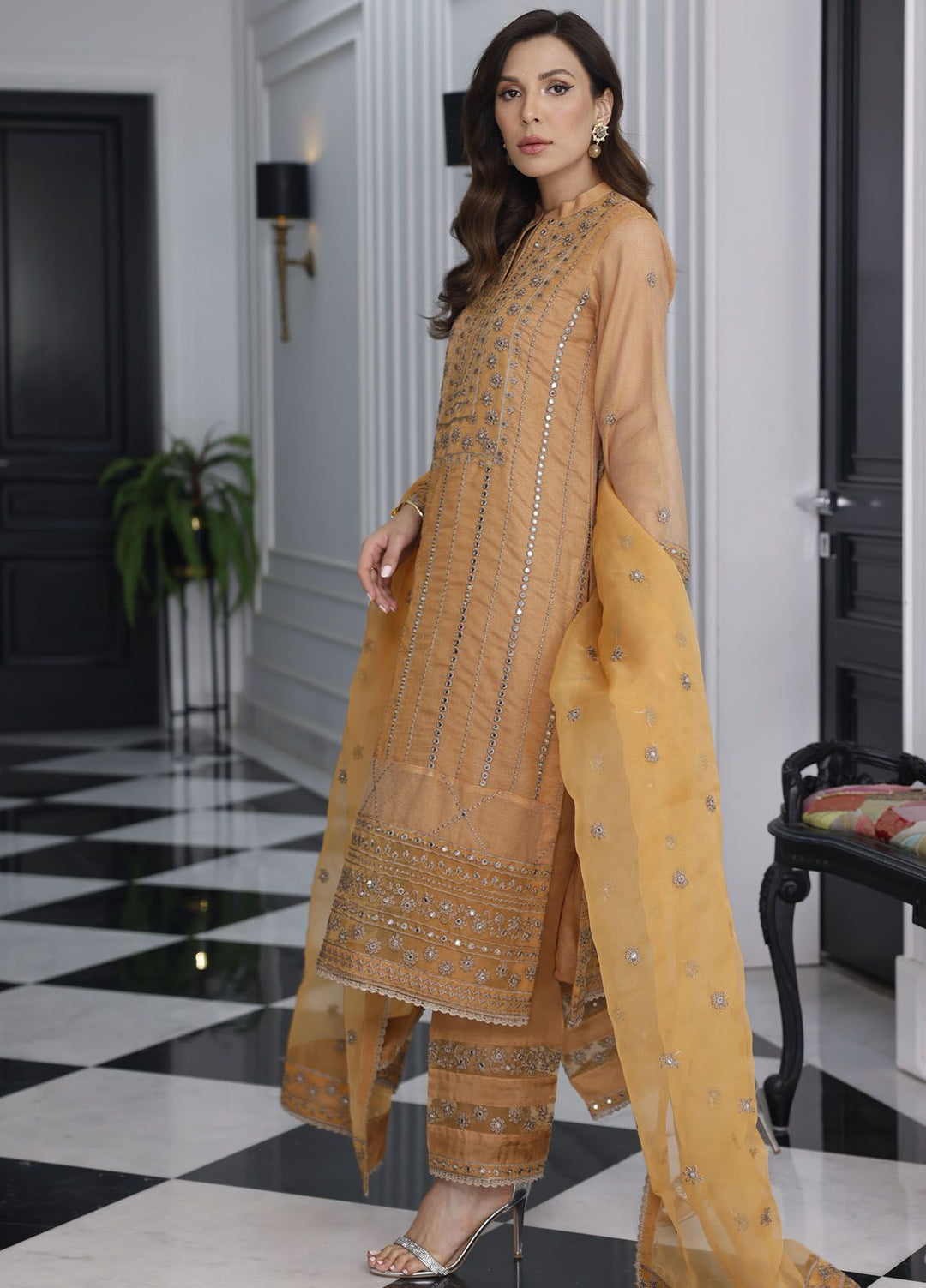 Merakish By Shahzeb Textile Embroidered Net Suit Unstitched 3 Piece MT24ME Marigold - Luxury Eid Collection