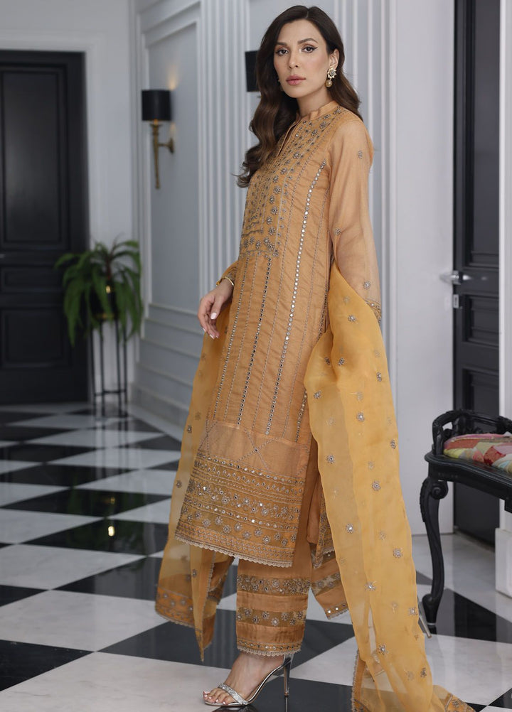 Merakish By Shahzeb Textile Embroidered Net Suit Unstitched 3 Piece MT24ME Marigold - Luxury Eid Collection