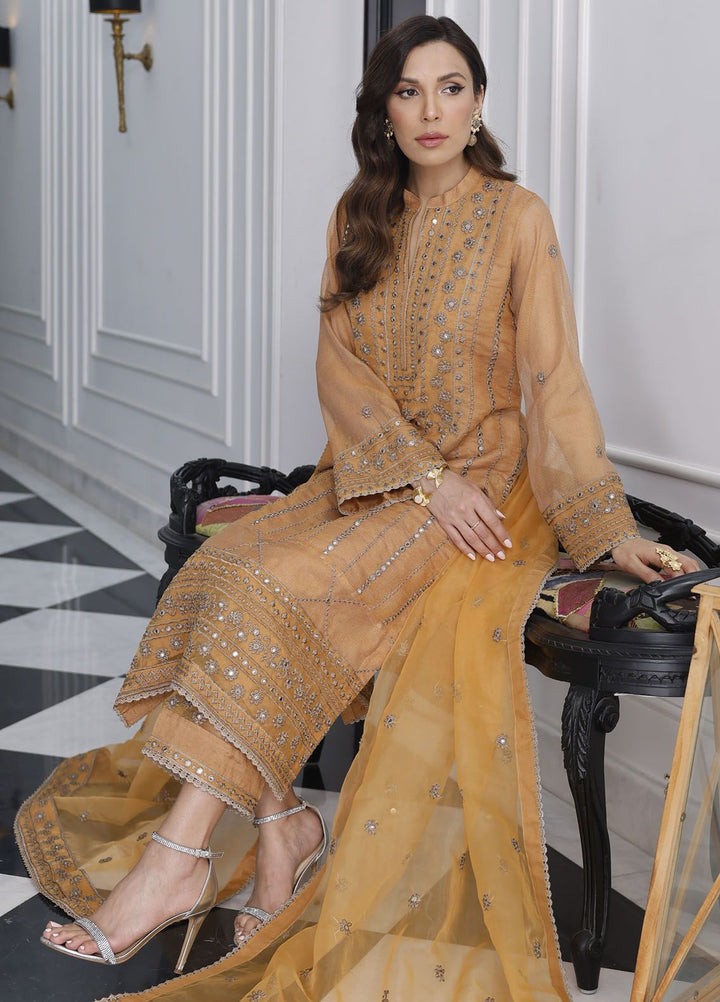 Merakish By Shahzeb Textile Embroidered Net Suit Unstitched 3 Piece MT24ME Marigold - Luxury Eid Collection