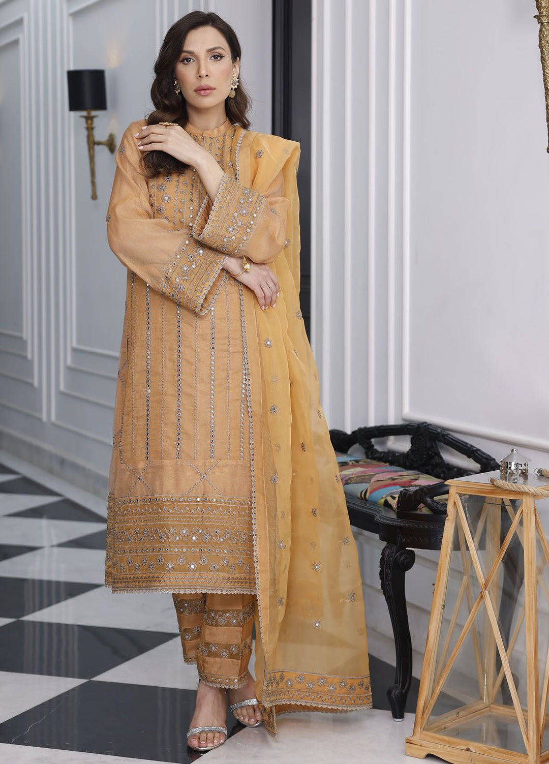 Merakish By Shahzeb Textile Embroidered Net Suit Unstitched 3 Piece MT24ME Marigold - Luxury Eid Collection