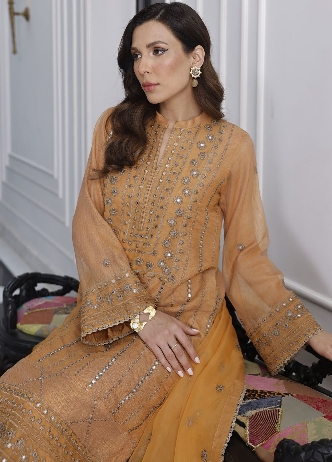 Merakish By Shahzeb Textile Embroidered Net Suit Unstitched 3 Piece MT24ME Marigold - Luxury Eid Collection