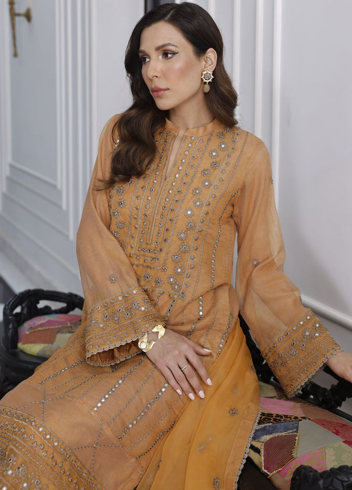 Merakish By Shahzeb Textile Embroidered Net Suit Unstitched 3 Piece MT24ME Marigold - Luxury Eid Collection