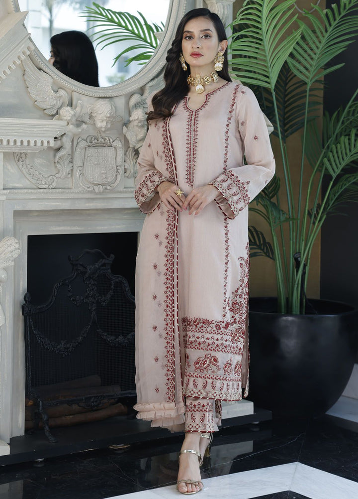 Merakish By Shahzeb Textile Embroidered Net Suit Unstitched 3 Piece MT24ME Old Rose - Luxury Eid Collection