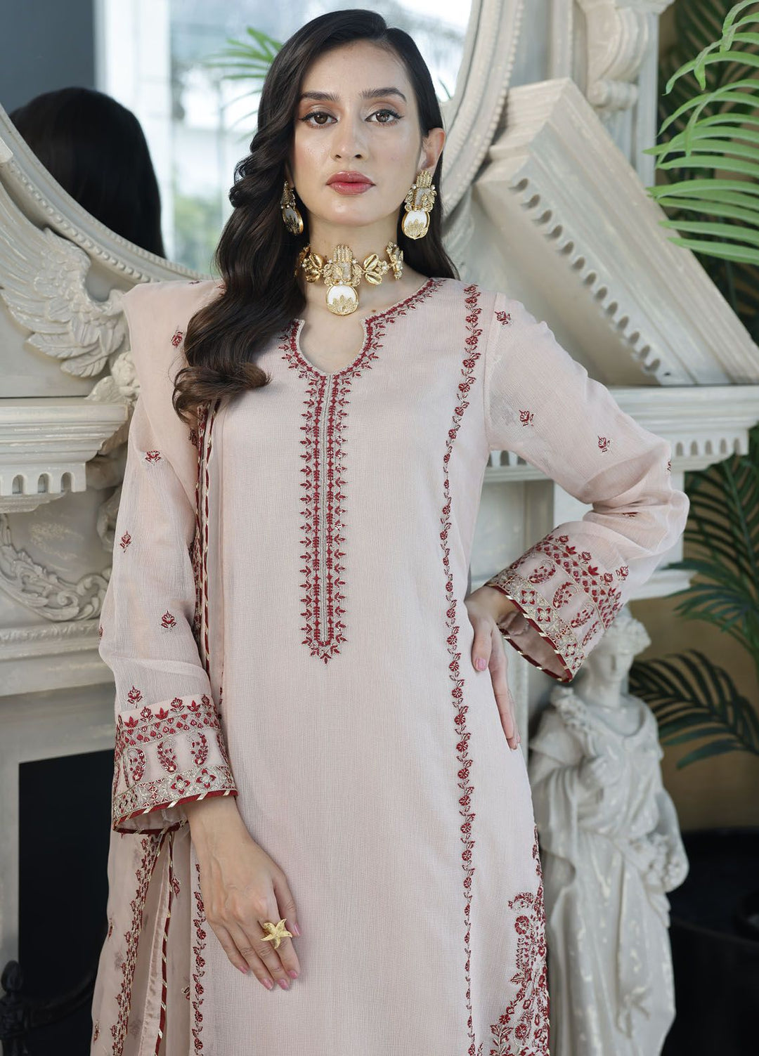 Merakish By Shahzeb Textile Embroidered Net Suit Unstitched 3 Piece MT24ME Old Rose - Luxury Eid Collection