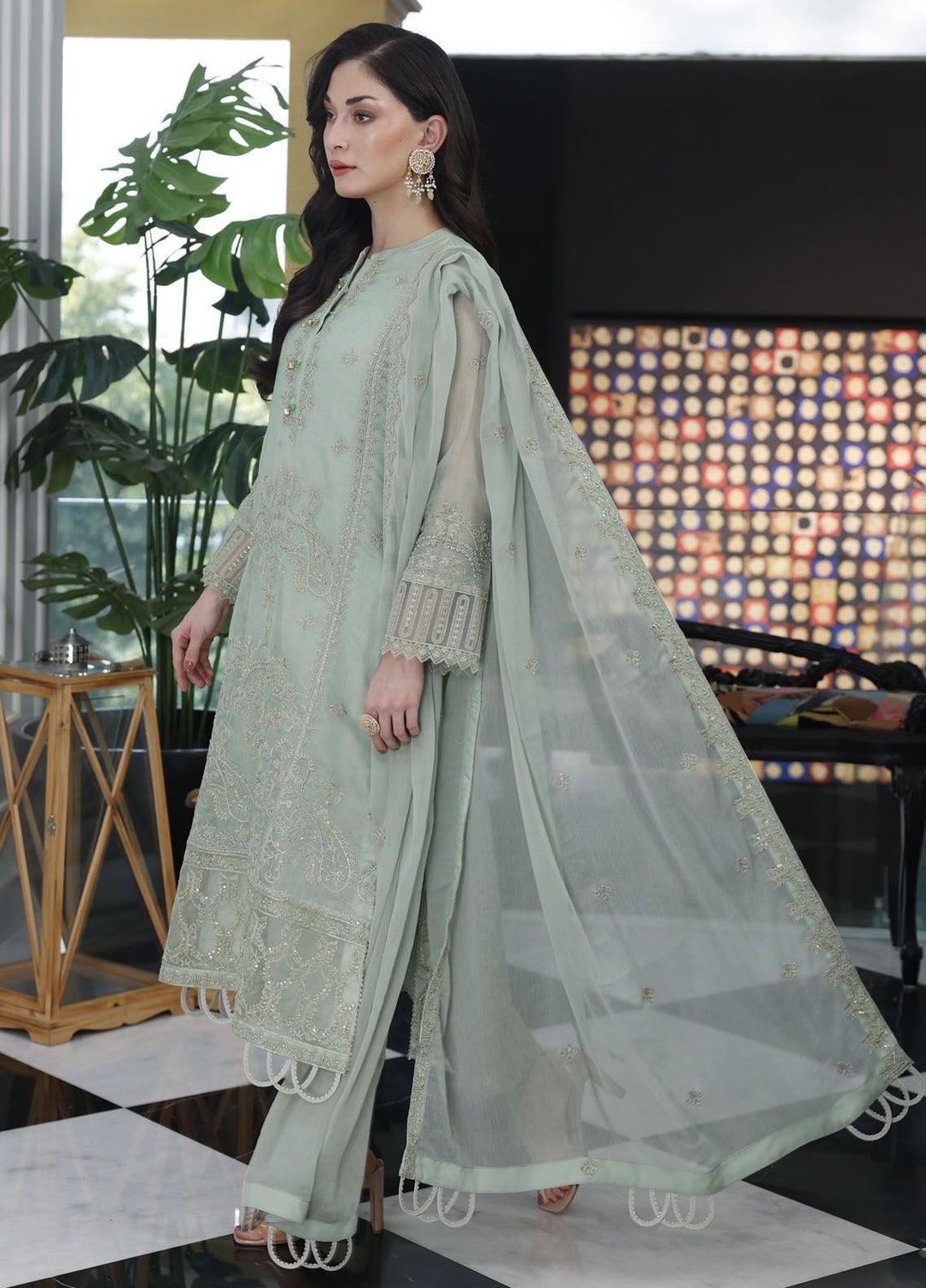 Merakish By Shahzeb Textile Embroidered Net Suit Unstitched 3 Piece MT24ME Seafoam - Luxury Eid Collection