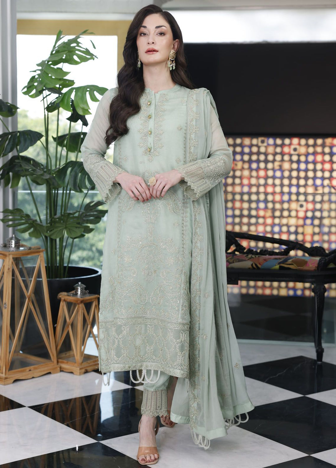 Merakish By Shahzeb Textile Embroidered Net Suit Unstitched 3 Piece MT24ME Seafoam - Luxury Eid Collection