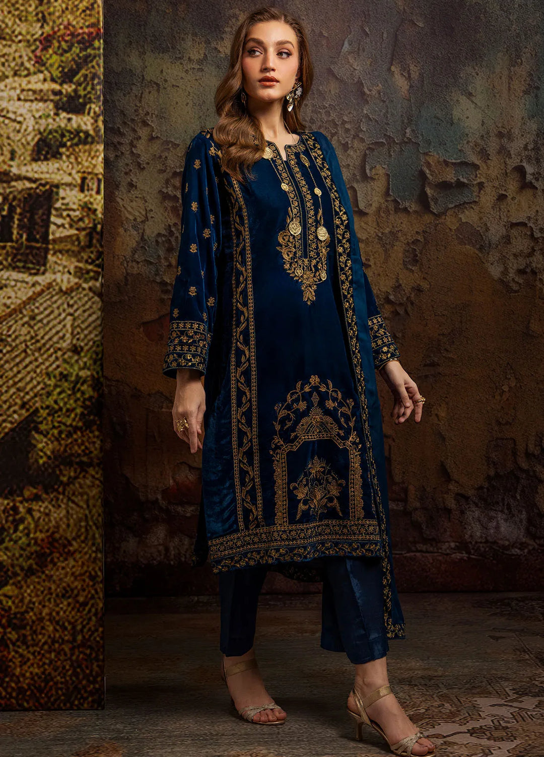 Merakish by Shahzeb Textiles Embroidered Velvet Suit Unstitched 3 Piece ST24MV Antique Blue - Luxury Collection