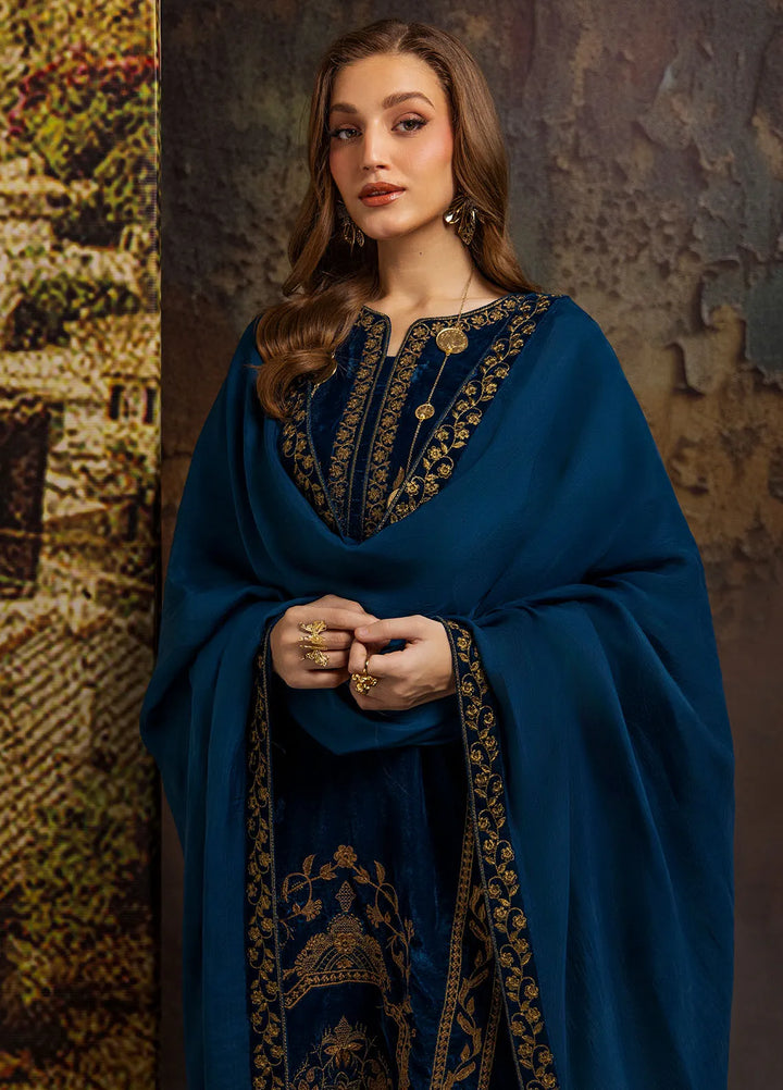 Merakish by Shahzeb Textiles Embroidered Velvet Suit Unstitched 3 Piece ST24MV Antique Blue - Luxury Collection