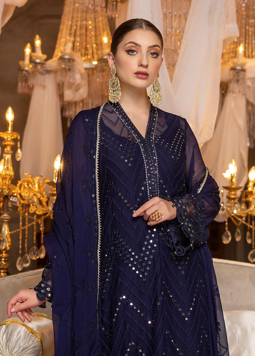 Shahzeb Textiles Pret Embroidered Chiffon 3 Piece Suit Navy Blue