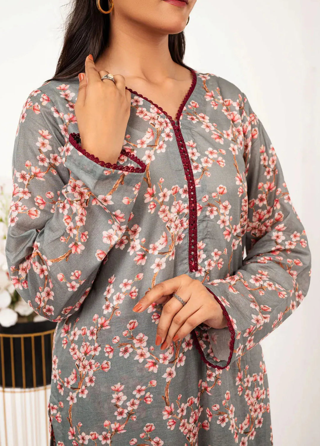 MHK Pret Printed Lawn 2 Piece Suit Grey Floral