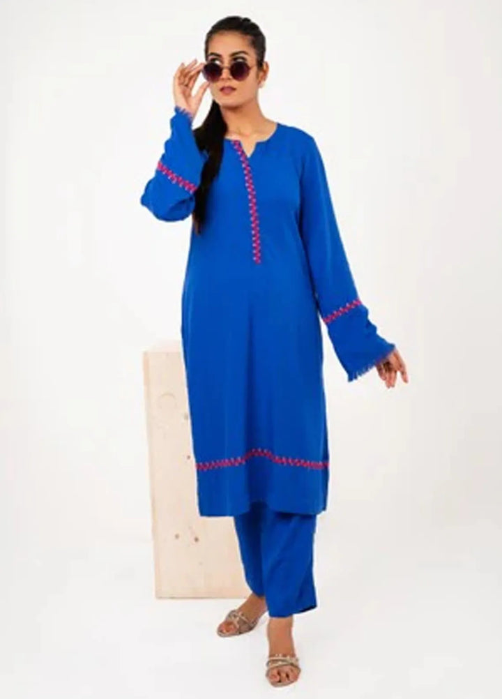 MHK Pret Printed Linen 2 Piece Suit Blue Embroidery