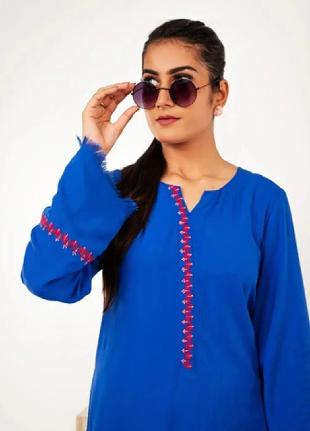 MHK Pret Printed Linen 2 Piece Suit Blue Embroidery