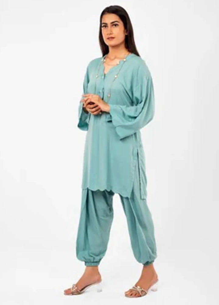 MHK Pret Printed Malai Linen 2 Piece Suit Green Scalop