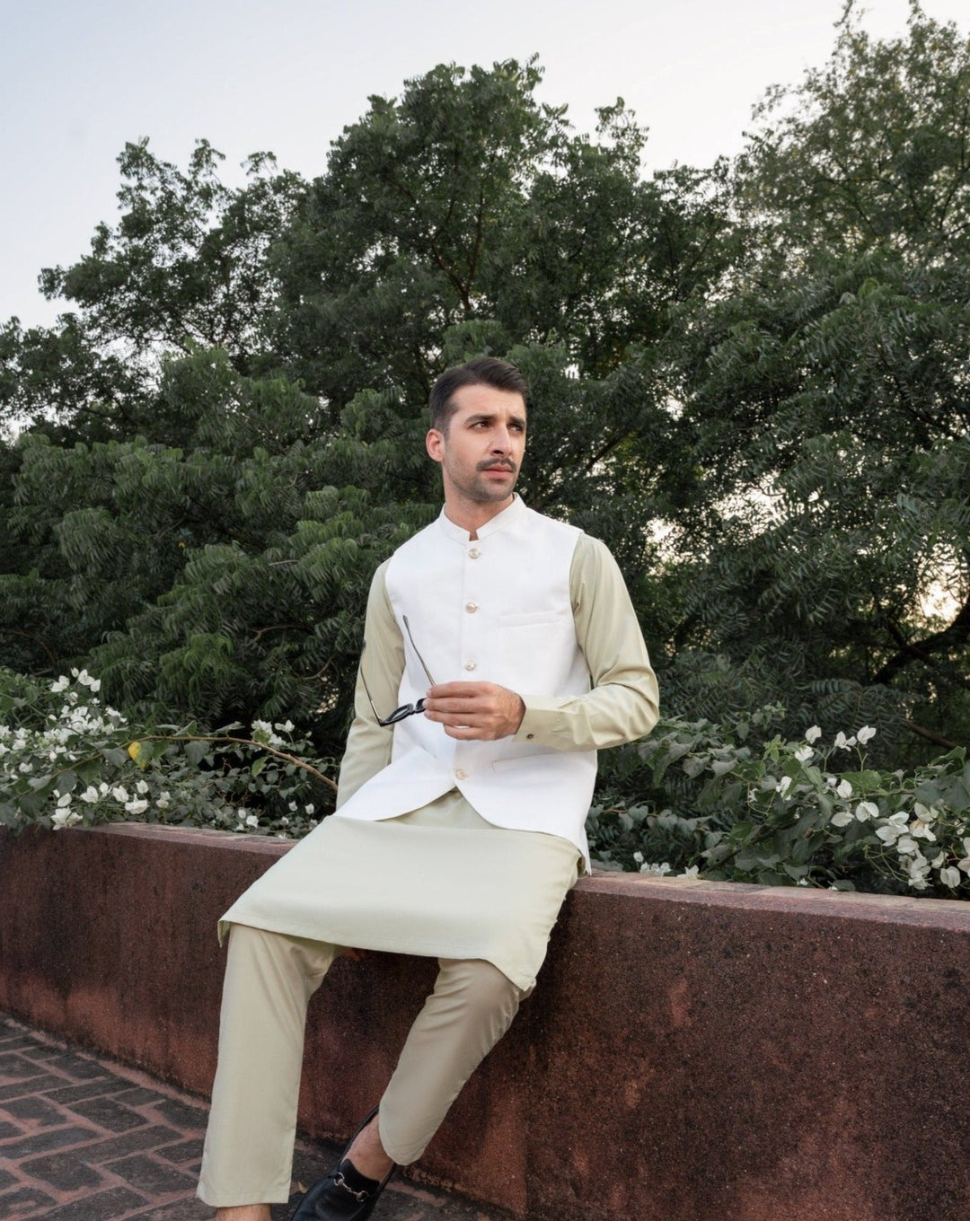 Muraqsh Ready To Wear Solids Cotton Men Mint Kameez Shalwar with Off White Suiting Waistcoat Round Cut MURW-KS - Summer Collection