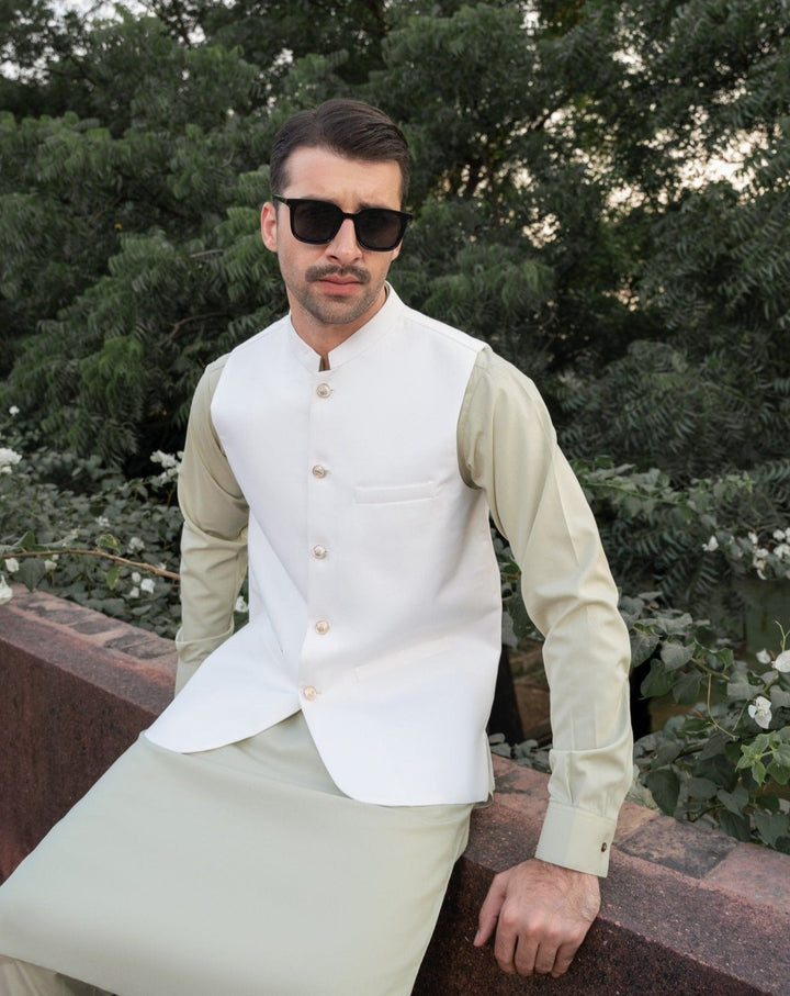 Muraqsh Ready To Wear Solids Cotton Men Mint Kameez Shalwar with Off White Suiting Waistcoat Round Cut MURW-KS - Summer Collection