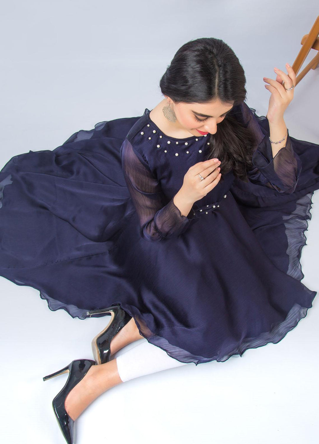 Modest Fancy Stitched Top MD21L W16 Navy Blue