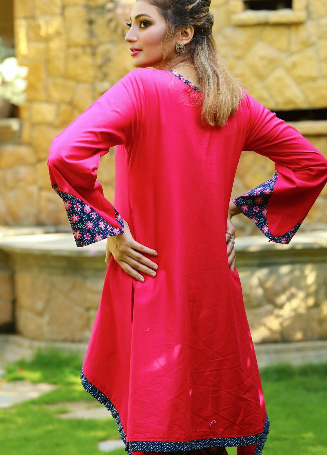 Modest Fancy  Stitched 2 Piece Suit MD21L 018 Hot Pink