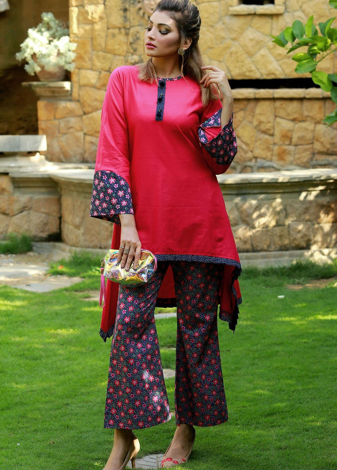 Modest Fancy  Stitched 2 Piece Suit MD21L 018 Hot Pink